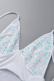 Weiß Sexy Patchwork ausgehöhlt Pailletten Frenulum Backless Halfter Unregelmäßige Kleider