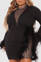 黒のセクシーなソリッド パッチワーク羽ホット ドリル O ネック ペンシル スカート プラス サイズのドレス