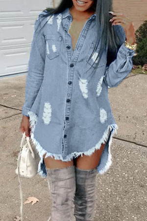 Blue Casual Street Solid Patchwork Buckle Turndown Collar Long Sleeve Straight Raw Hem Distressed Ripped Denim Jacket