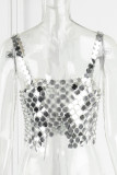 Silver Sexy Solid Hollowed Out Patchwork Backless Spaghetti Strap Tops