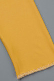 Желтые повседневные лоскутные контрастные платья больших размеров с круглым вырезом и длинным рукавом