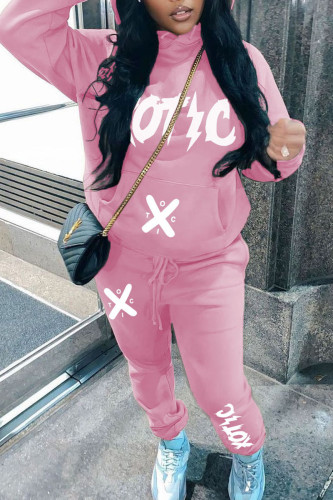 Pink Casual Letter Print Hooded Collar Long Sleeve Sweatshirt And Pants Sportwear Two Piece Jogger Set