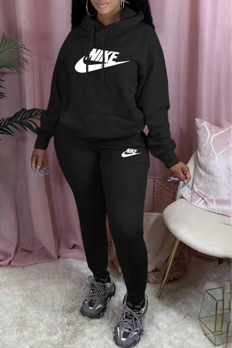 

Black Casual Print Letter Hooded Collar Long Sleeve Two Pieces
