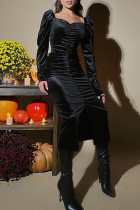 Vestidos de falda de un paso con cuello cuadrado y pliegues de patchwork sólido elegante negro