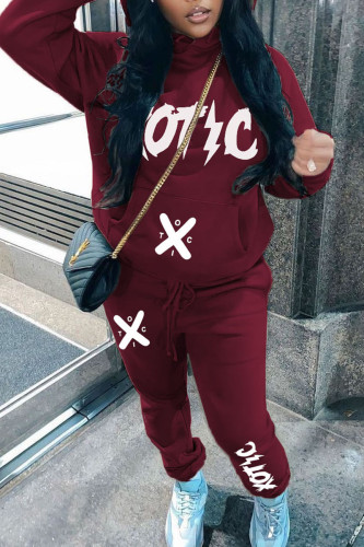 Burgundy Casual Letter Print Hooded Collar Long Sleeve Sweatshirt And Pants Sportwear Two Piece Jogger Set