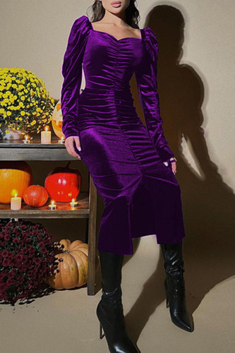 Purple Elegant Solid Patchwork Fold Square Collar One Step Skirt Dresses