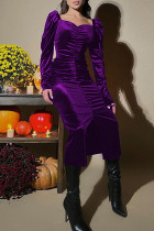 Púrpura elegante sólido patchwork doblar cuello cuadrado un paso falda vestidos