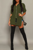 Olive Green Casual Solid Patchwork Slit Asymmetrical Zipper Outerwear