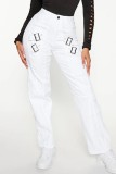 Witte casual effen patchwork normale broek met middelhoge taille