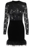 Black Sexy Solid Patchwork Feathers Half A Turtleneck Pencil Skirt Dresses
