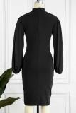 Black Casual Elegant Solid Patchwork Half A Turtleneck One Step Skirt Dresses