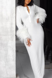 Белые сексуальные однотонные перья базовые платья с длинным рукавом и круглым вырезом