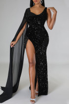 ブラック セクシー ソリッド タッセル スパンコール パッチワーク スリット V ネック イブニングドレス ドレス