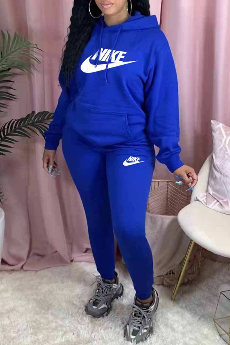 

Blue Casual Print Letter Hooded Collar Long Sleeve Two Pieces