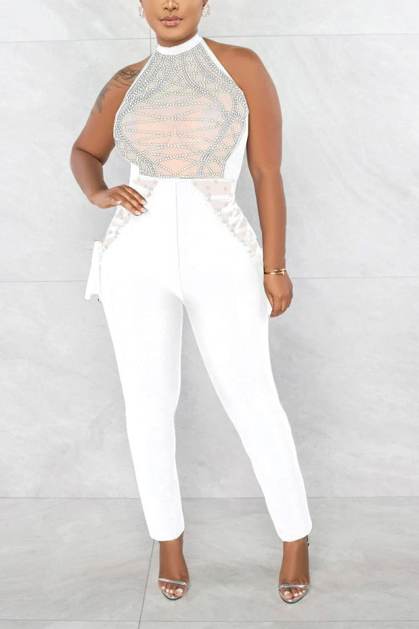 Witte Sexy Hot Drilling Lovertjes Halter Skinny Jumpsuits
