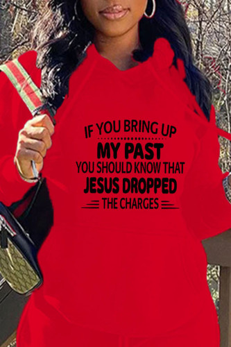 Red Casual Print Patchwork Hooded Collar Tops