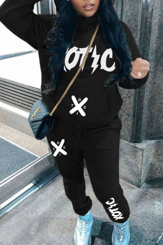 Black Casual Letter Print Hooded Collar Long Sleeve Sweatshirt And Pants Sportwear Two Piece Jogger Set
