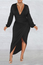 Vestido irregular con escote en V asimétrico con pliegues de patchwork sólido sexy negro Vestidos
