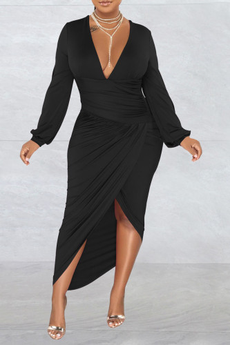 Black Sexy Solid Patchwork Fold Asymmetrical V Neck Irregular Dress Dresses