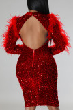 Red Sexy Lantejoulas Sólidas Patchwork Penas Sem Costas Meia Gola Alta Vestidos Saia Um Degrau