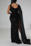 Negro sexy sólido borla lentejuelas patchwork hendidura cuello en V vestido de noche Vestidos