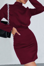 Borgoña sexy sólido patchwork sin espalda con lazo medio cuello alto vestidos de falda de un paso