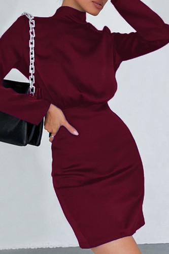 Burgundy Sexy Solid Patchwork Backless With Bow Half A Turtleneck One Step Skirt Dresses