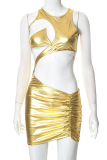 Gold Sexy Solid Hollowed Out O Neck Pencil Skirt Dresses
