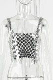 Silver Sexy Solid Hollowed Out Patchwork Backless Spaghetti Strap Tops