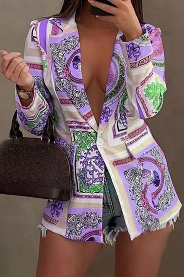 Пурпурная повседневная верхняя одежда с воротником-стойкой и принтом в стиле пэчворк