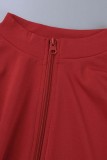Vestidos de manga larga con cuello de cremallera de patchwork sólido casual rojo
