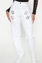 Calças brancas casuais sólidas patchwork regular cintura média