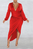 Rose Red Sexy Solid Patchwork Fold Asymmetrische V-hals Onregelmatige jurkjurken