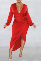 Röd Sexig Solid Patchwork Vik Asymmetrisk V-hals oregelbunden klänning klänningar