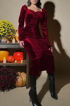 ブルゴーニュ エレガント 無地 パッチワーク フォールド スクエア カラー ワンステップ スカート ドレス