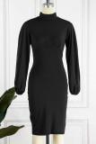 Zwarte casual elegante effen patchwork jurken met een halve coltrui in één stap