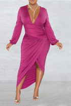 Розово-красное сексуальное однотонное лоскутное платье с асимметричным V-образным вырезом и нерегулярным платьем Платья
