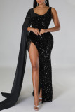 Черные сексуальные однотонные вечерние платья с блестками и блестками в стиле пэчворк с разрезом и V-образным вырезом