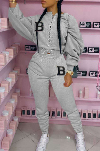 Grey Casual Street Print Bandage Patchwork O Neck Long Sleeve Two Pieces