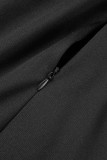 Vestidos pretos casuais lisos patchwork com babados dobrados no decote