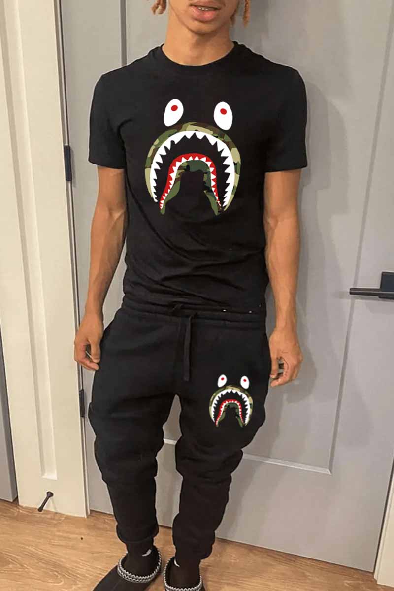 

Black Sportswear Print Patchwork O Neck Short Sleeve Two Pieces