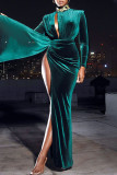 Green Sexy Solid Hollowed Out Patchwork Slit Turtleneck Evening Dress Dresses