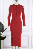 Красные повседневные однотонные платья с длинным рукавом и воротником-молнией в стиле пэчворк