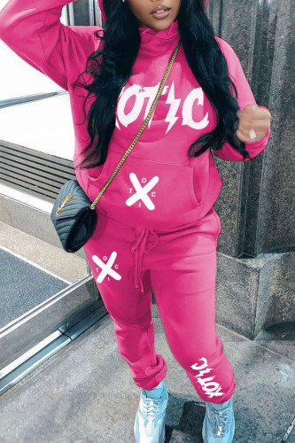 Rose Red Casual Letter Print Hooded Collar Long Sleeve Sweatshirt And Pants Sportwear Two Piece Jogger Set