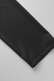 Dunkelblaue, lässige, solide Patchwork-Volantfaltenkleider mit O-Ausschnitt