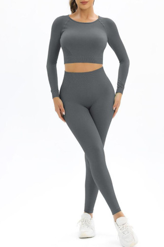 Dark Gray Casual Sportswear Solid Patchwork Backless O Neck Long Sleeve Two Pieces