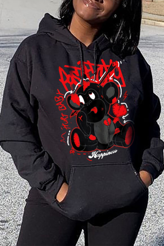 Black Street Print Draw String Hooded Collar Tops