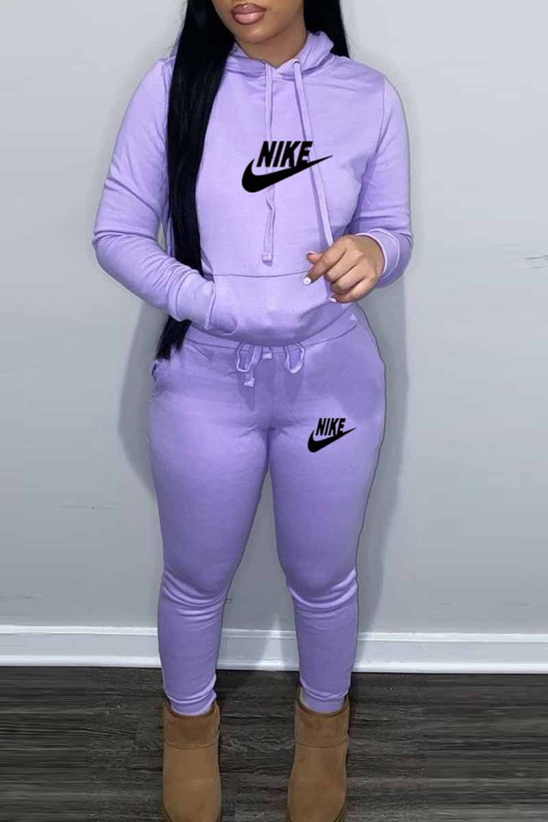 Purple Casual Print Letter Hooded Collar Long Sleeve Two Pieces