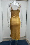 Vestido de tirante de espagueti asimétrico con abertura de patchwork sólido sexy dorado Vestidos