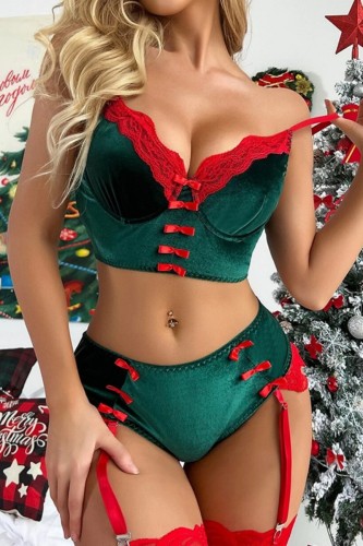 Green Sexy Living Solid Patchwork Backless Contrast Lingerie